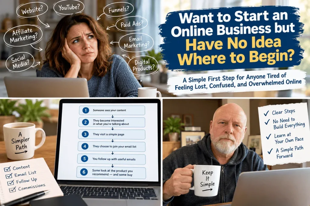 Beginner trying to start an online business while sorting through confusing advice and choosing one clear path.