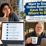 Beginner trying to start an online business while sorting through confusing advice and choosing one clear path.