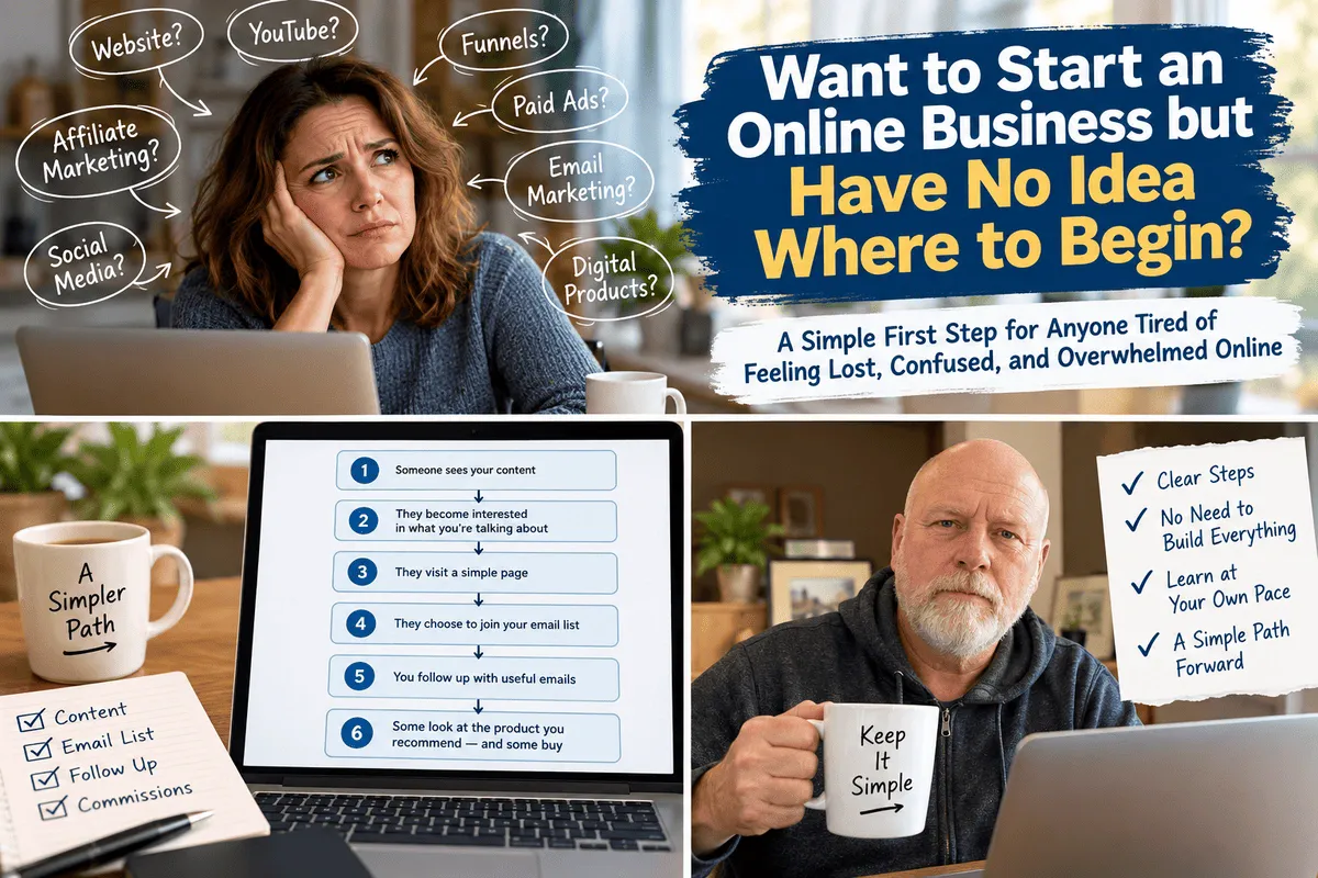 Beginner trying to start an online business while sorting through confusing advice and choosing one clear path.
