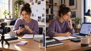 Beginner creating social media content and reviewing performance analytics at a home workspace