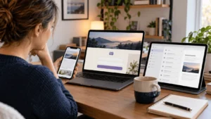 Beginner using a landing page and email marketing tools on a laptop, tablet, and phone