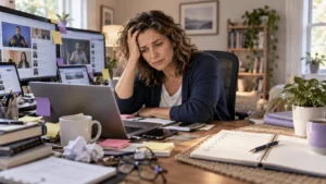 Overwhelmed beginner researching affiliate marketing at a home workspace