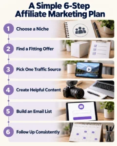 Six-step affiliate marketing plan for beginners, from choosing a niche to following up consistently 750x422
